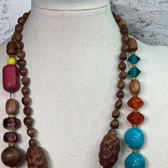Necklace Set - Wood Beaded Necklace and Wood and Glass Necklace Very Unique - Picture 4 of 6